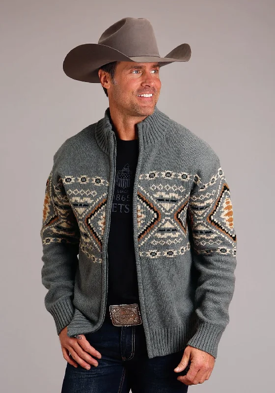 Stetson Mens Aztec Border Grey Cotton/Wool L/S Cardigan Sweater Velvet Chenille Corduroy