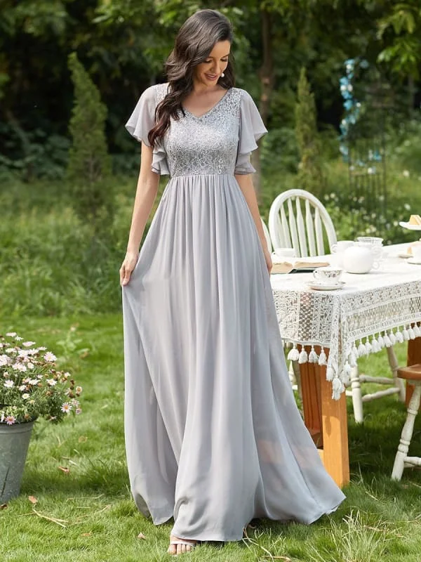 Light Grey Prom Dress A-Line V-Neck Lace Short Sleeves Chiffon Lace Long Party Dresses Tunics stripes playful