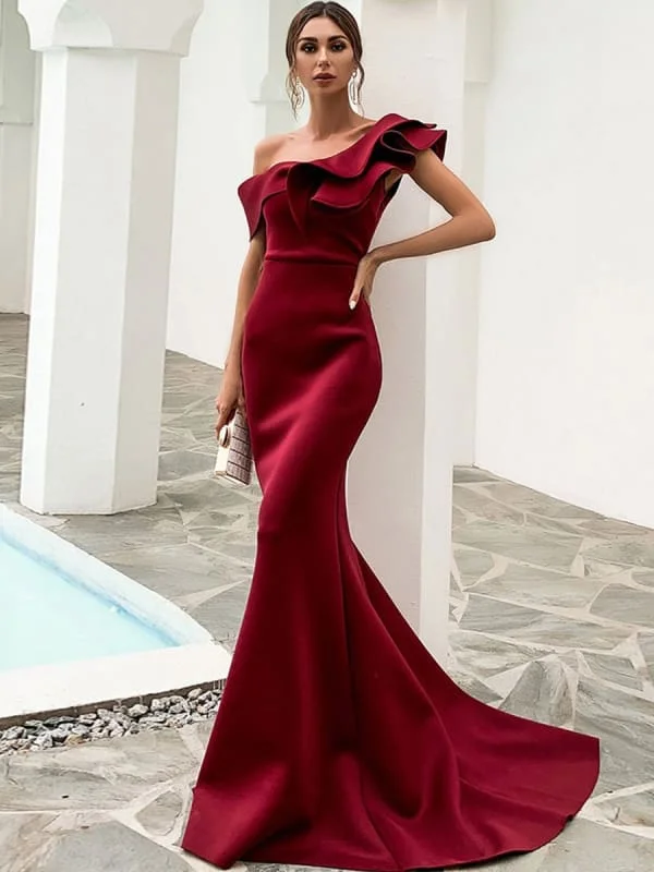 Evening Dress Burgundy Mermaid One-Shoulder With Train Sleeveless Backless Satin Fabric Social Party Dresses Tunics Recommended stylist