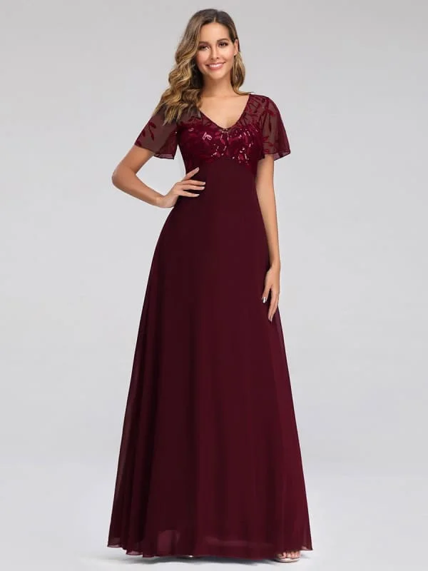 Burgundy Prom Dress A-Line V-Neck Short Sleeves Chiffon Lace Floor-Length Party Dresses Tunics Winter warm