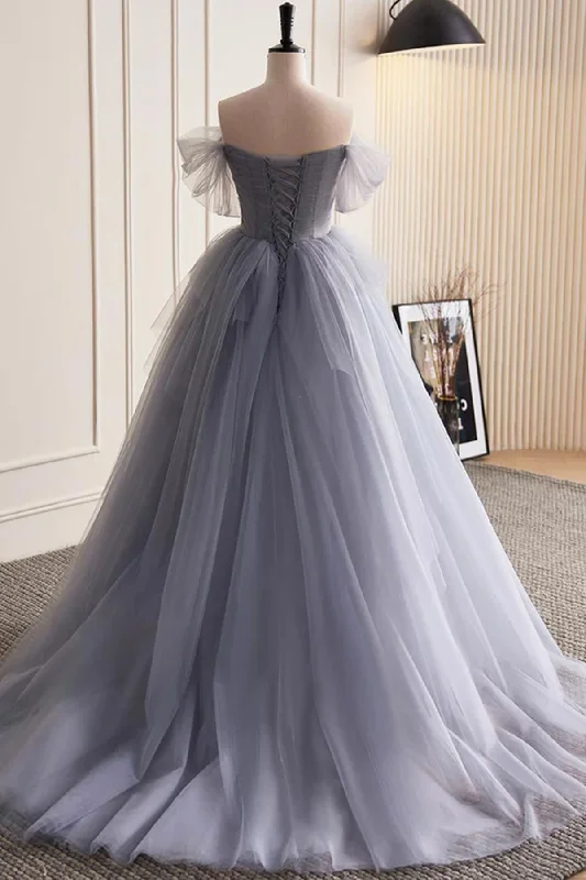 Glam Blue-Grey Tulle with Lace Applique Long Party Dresses, Tulle Formal Dresses Evening Gown Tunics Summer linen
