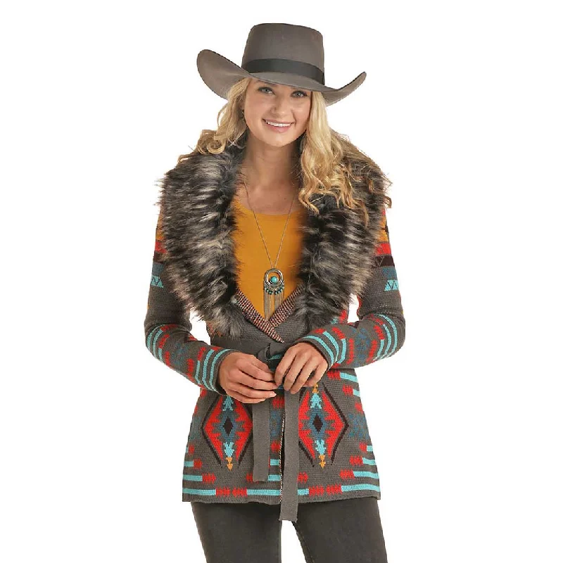 Powder River Outfitters Women's Aztec Cardigan Hooded Caped Shawl Collar