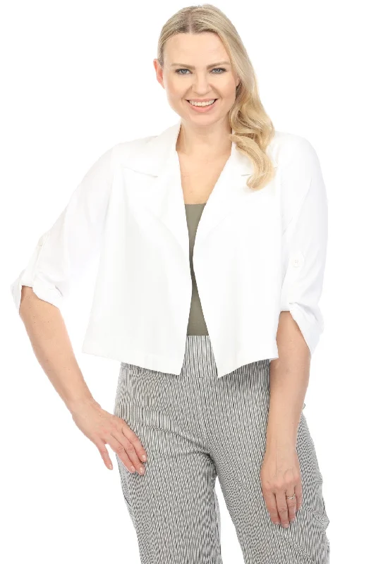 Joseph Ribkoff Vanilla Open Front Roll-Tab Sleeve Cropped Cover-Up Jacket 242059 Denim Fabric Leather Fabric Suede Fabric