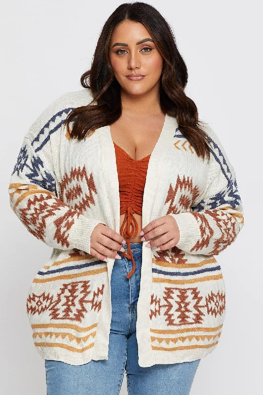 Aztec Print Longline Cardigan Print Jacquard Patchwork