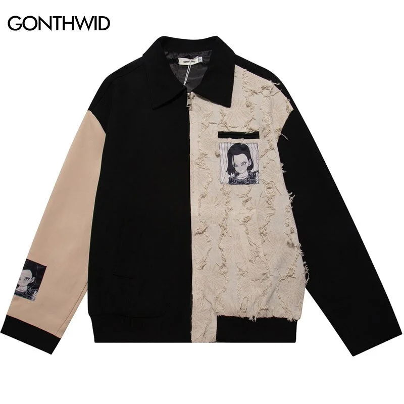 Vintage Baseball Jacket Harajuku Japanese Anime Girl Patchwork Color Block Zip Up Jackets Streetwear Hip Hop Casual Cotton Coat Trench Coat Raincoat Waterproof Jacket