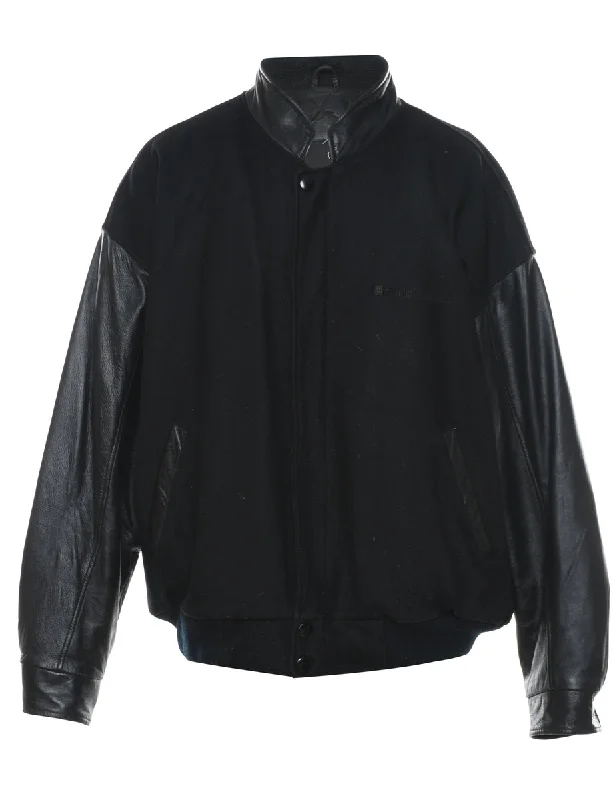Black Classic Varsity Jacket - L Zip Front Button Front Snap Front