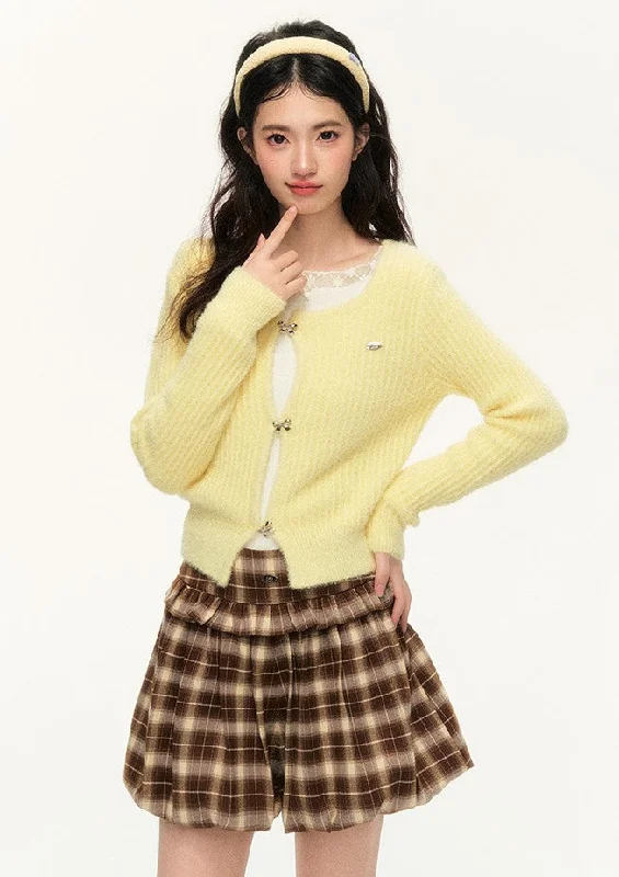 Cream Yellow Furry Square Collar Sweater Cardigan/Brown Skirt NTO0138 Fitted Loose Oversized