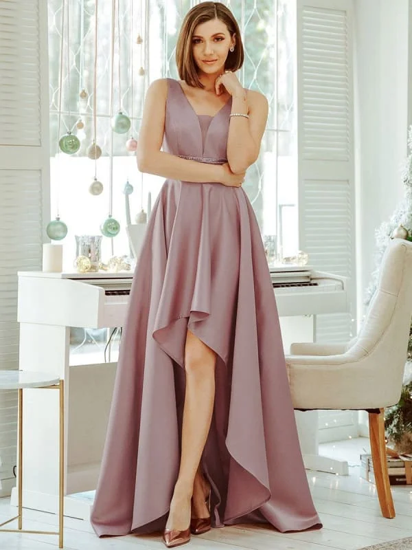 Pink Prom Dress A-Line With Train V-Neck Sleeveless Satin Fabric Maxi Sash Party Dresses Tunics Floral girly