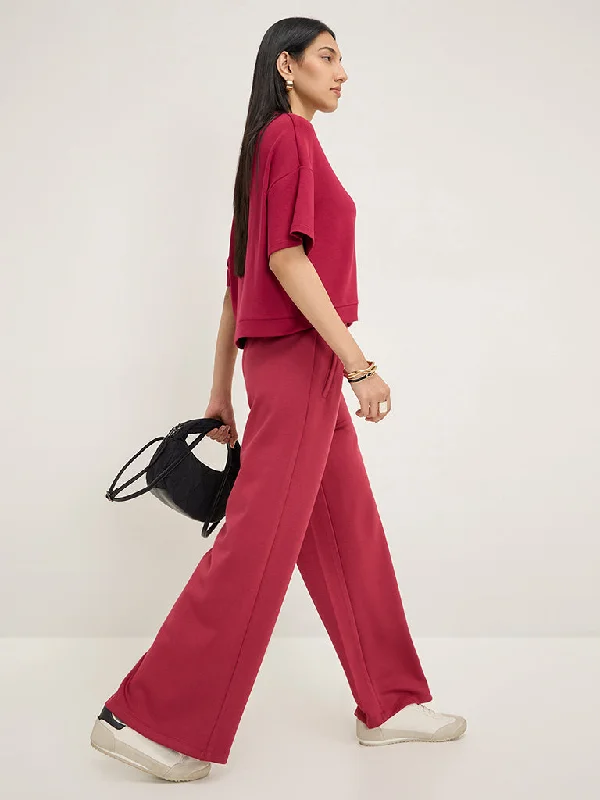 LOV Red Solid High-Rise Track Pants Relaxed Linen Pants