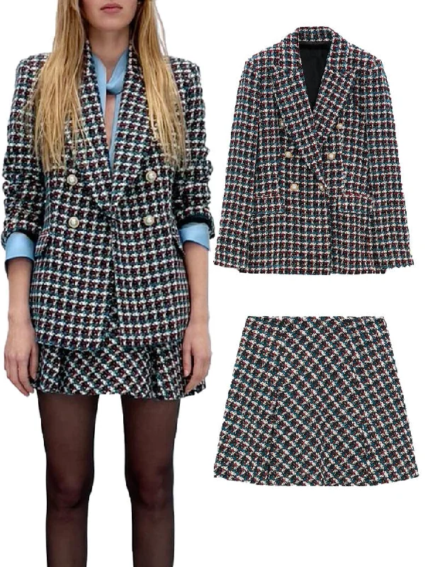 ZA winter female European and American style high-quality double-breasted all-match casual suit jacket high waist mini skirt Striped Jacket Polka Dot Jacket Floral Jacket