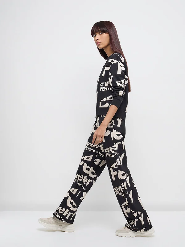 Studiofit Black Typographic High-Rise Cotton Track Pants Comfy Athletic Pants