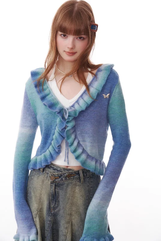Gradient Contrast Color Ruffled Trumpet Sleeve Knitted Cardigan ZIZ0183 Striped Floral Plaid