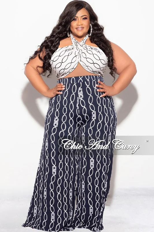 Final Sale Plus Size 2pc Set Black & White Self Tie Top & Pants in Navy & White Chain Print Modern Bootcut Pants