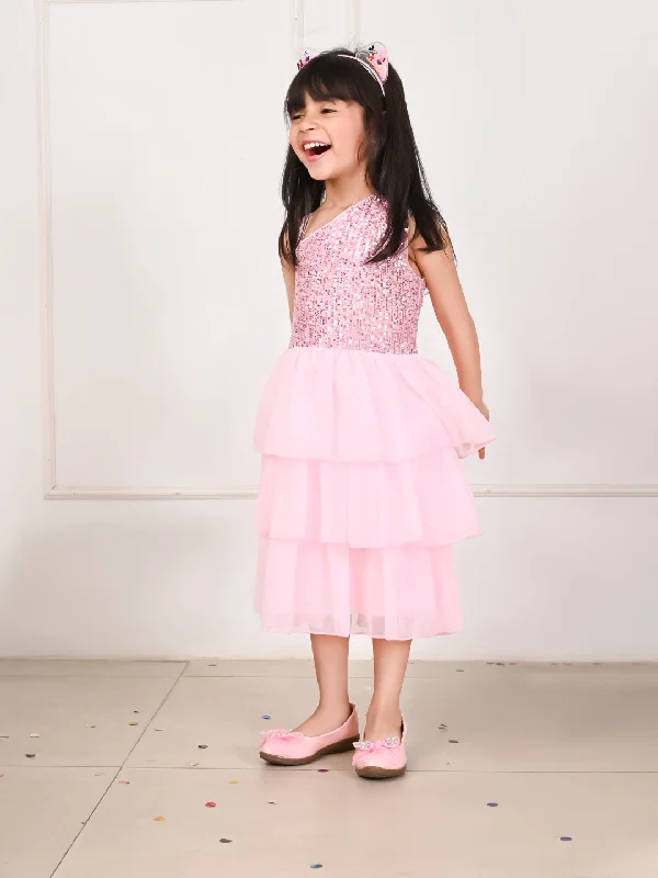 Sequin One Shoulder Layered Fit n Flare Party Dress Pleated Skirt Elegant