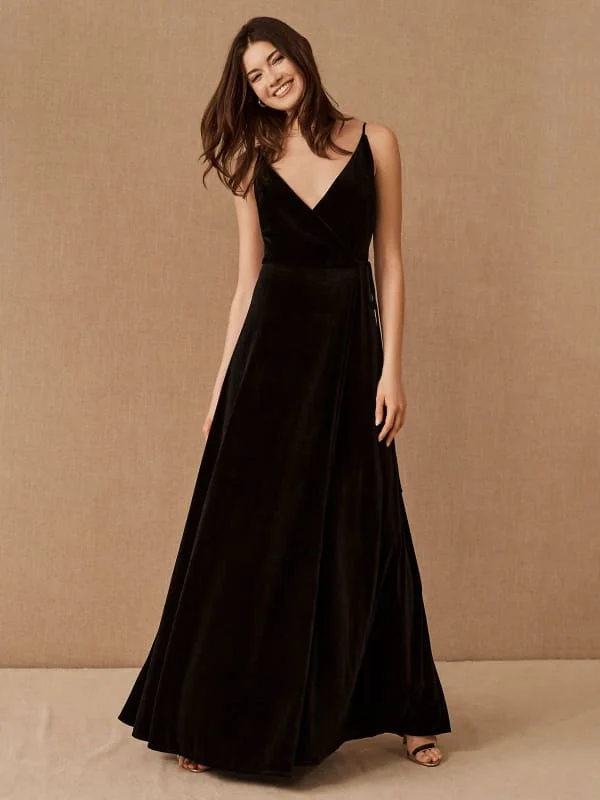 Black Evening Dress A-Line V-Neck Floor-Length Sleeveless Zipper Sash Matte Satin Formal Party Dresses Tunics Exclusive limited