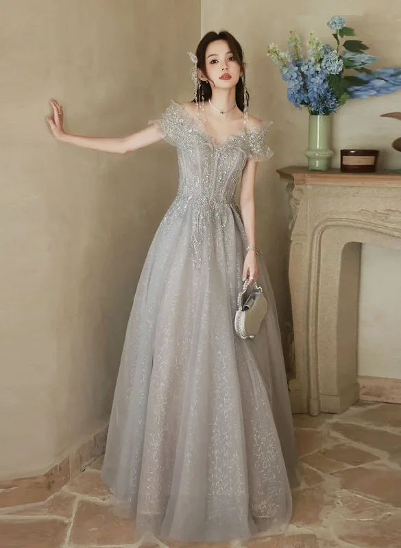 A-line Grey Shiny Tulle Off Shoulder Party Dresses, Grey Beaded Prom Dresses Evening Dresses Tunics Practical easy-care