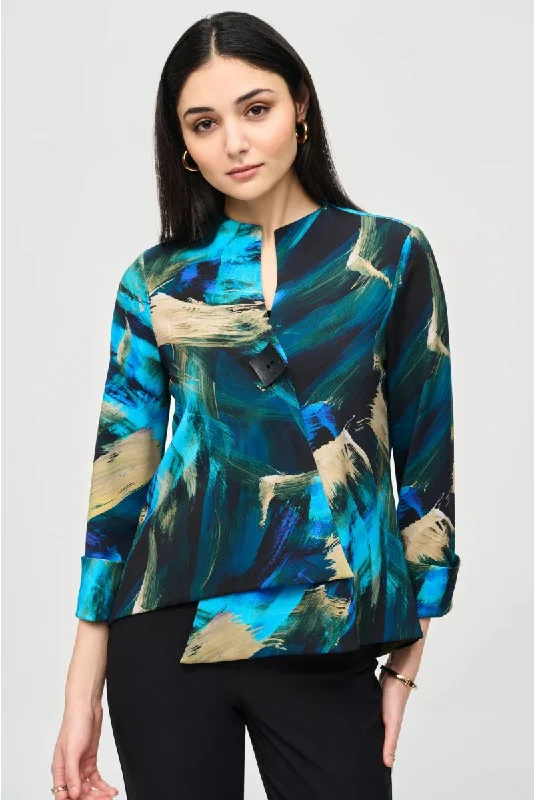 Joseph Ribkoff Black/Multi Abstract Print Asymmetric Swing Jacket 243328 Front Pockets Side Pockets Patch Pockets