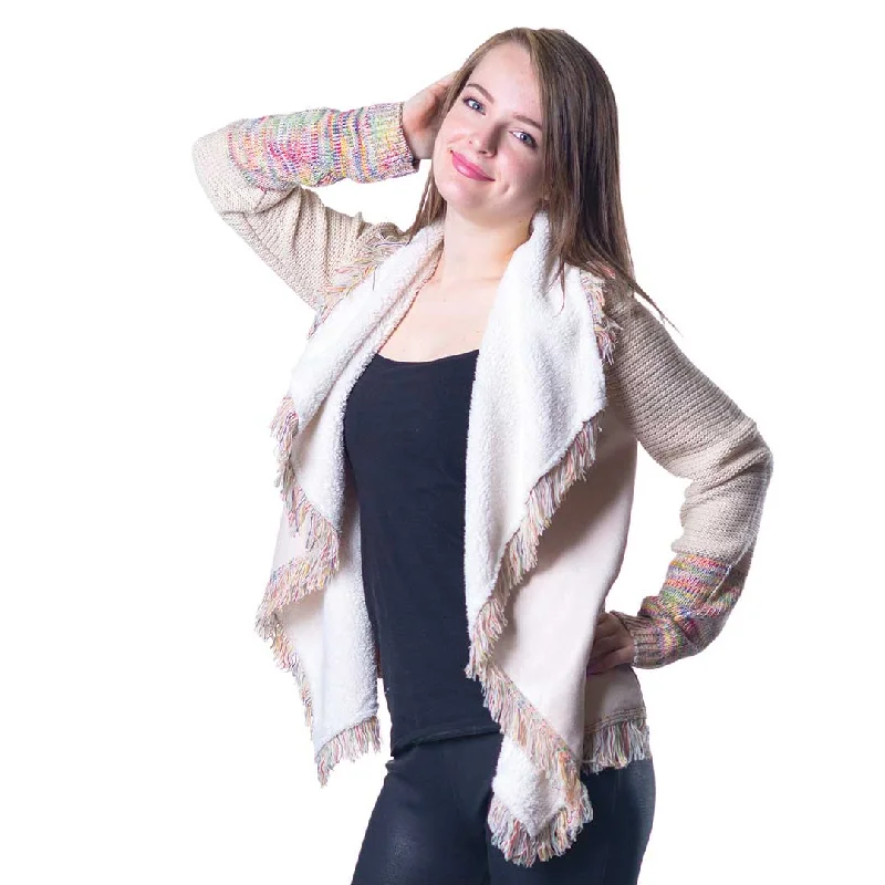 Papa Fashions Women's Fringe Cardigan Print Jacquard Patchwork