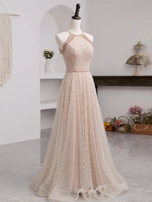 Pink Beaded Tulle Halter Long Formal Dresses Evening Dresses, Pink Long A-line Party Dresses Satin Halter Glamorous