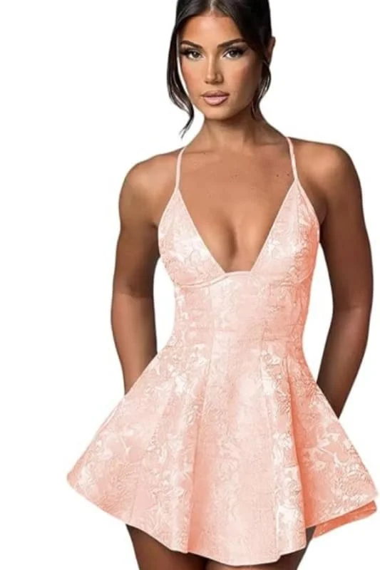 Halter Satin Mini Party Dress Ruffle Jacquard Homecoming Dress with Cross Straps Tunics Trousers formal