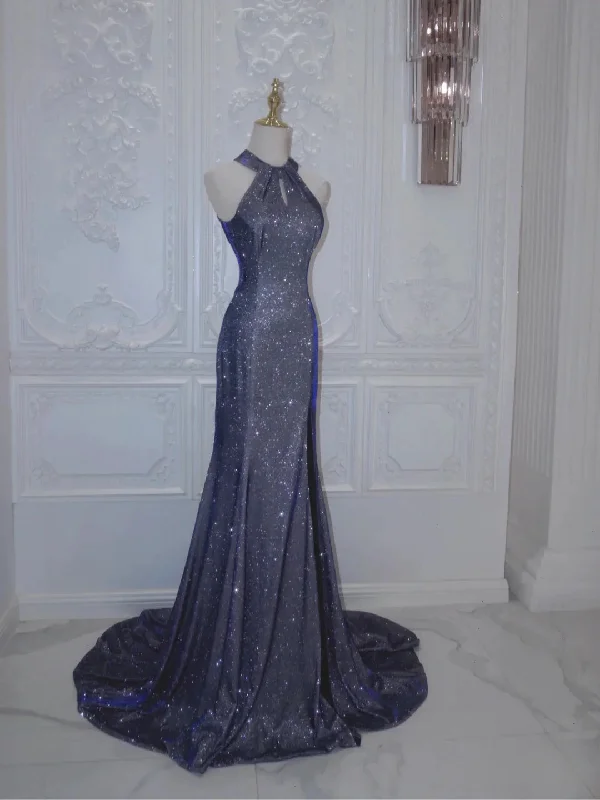 Luxurious Navy Blue Long Evening Gown Mermaid Halter Neck Backless Party Dresses Bodycon Fitted Nightout