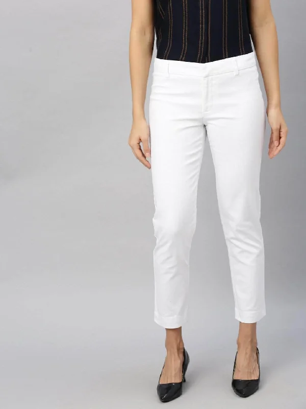 Women's White Cotton Lycra Regular Fit Pant Trendy Work Pants