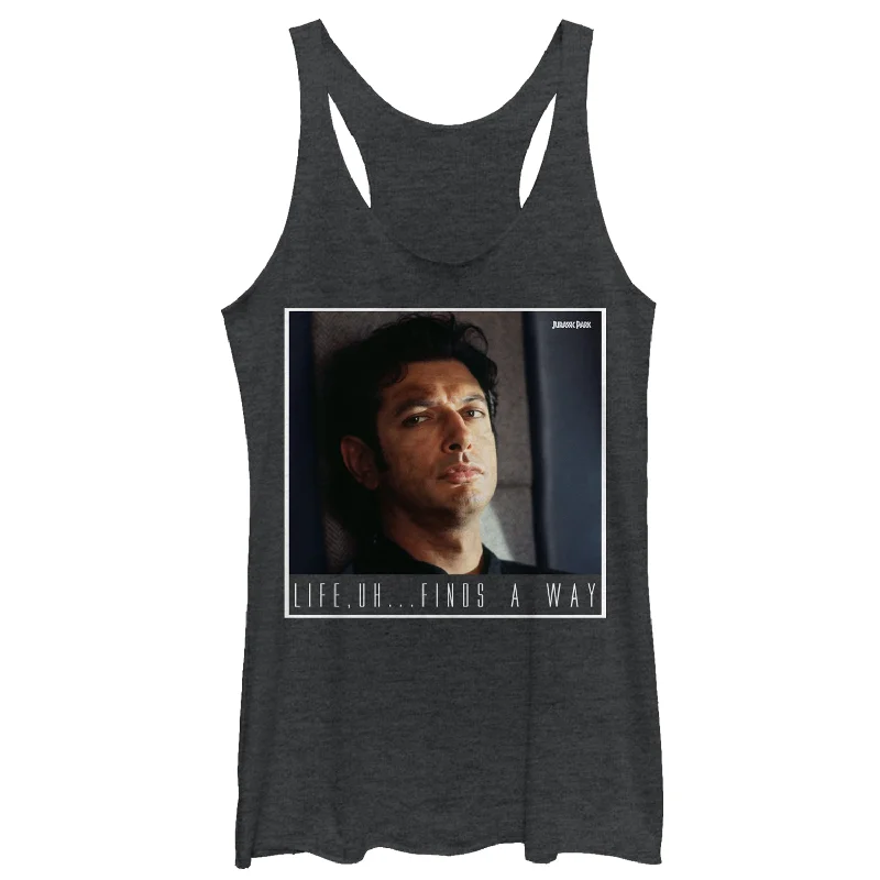 Women's Jurassic Park Dr. Malcolm Life Uh Finds Way Racerback Tank Top grey tank top