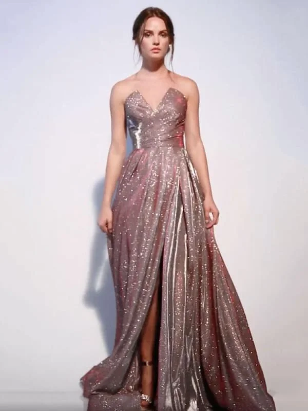Evening Dress A-Line Strapless Sweep Zipper Pleated Sequined Dark Pink Formal Party Dresses Tunics Luxurious premium