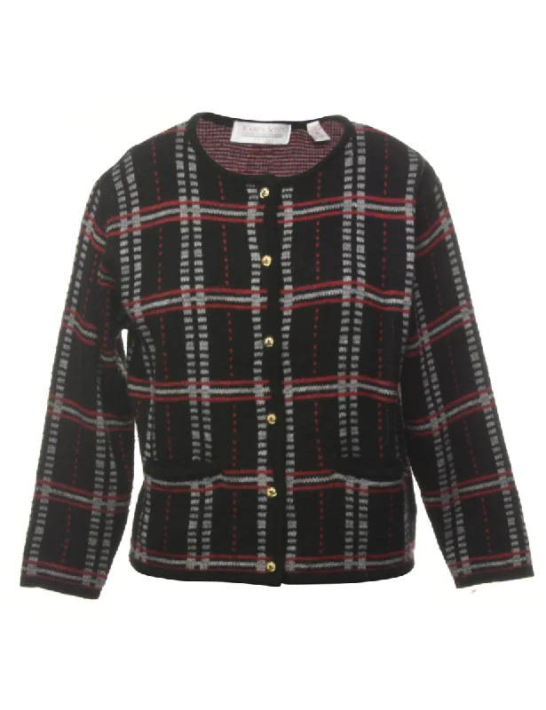 Black Checked Cardigan - M Mesh Blend Leather Blend Suede Blend