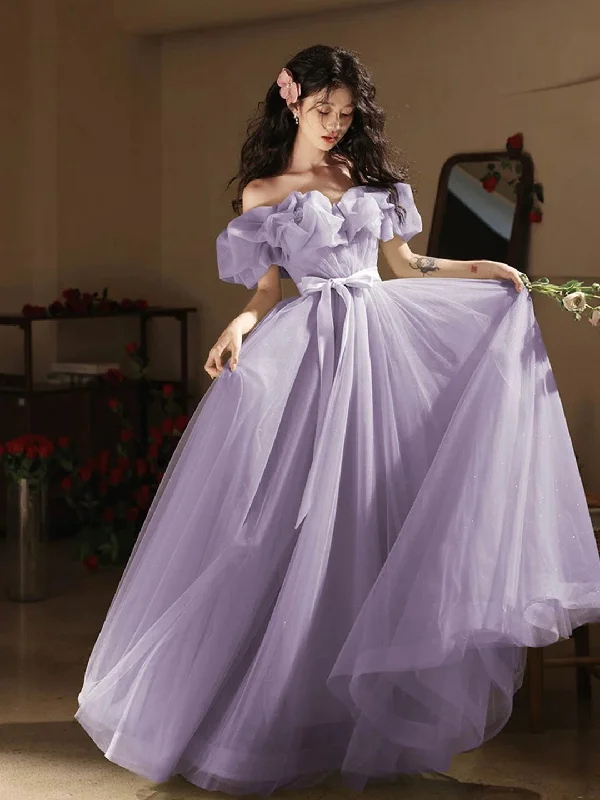 Purple Tulle Floor Length Prom Dress, Off the Shoulder Evening Party Dress Tunics Essential wardrobe