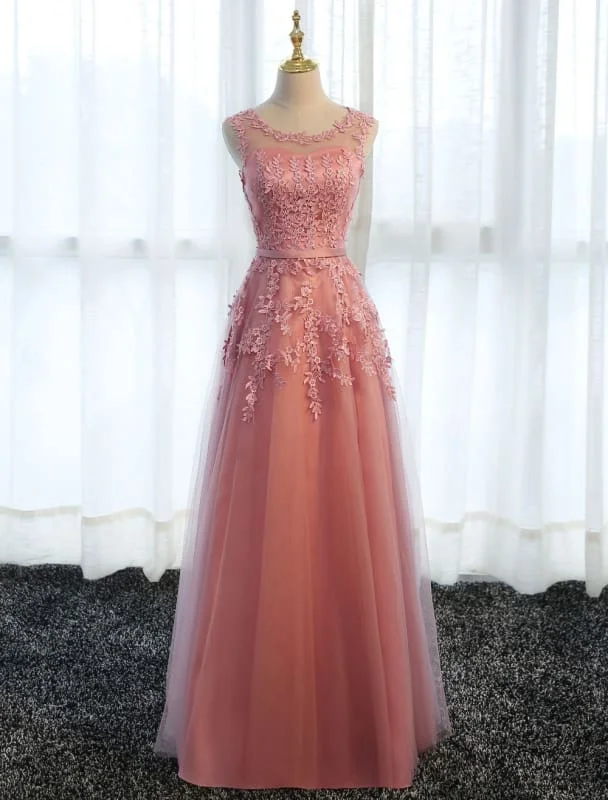 Long Prom Dresses Lace Cameo Pink Party Dress A Line Applique Tulle Maxi Formal Dress Boatneck Modish Everyday