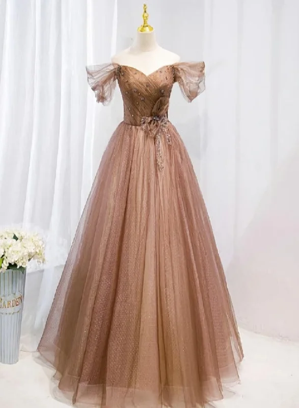 Champagne Off Shoulder Beaded A-line Tulle Long Party Dresses, Long Evening Gown Sequined Elegant Party