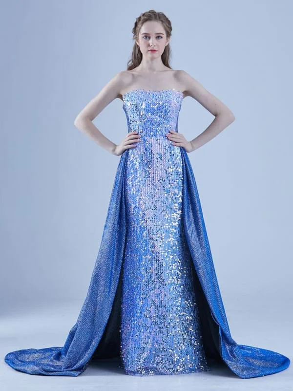 Blue Evening Dress A-Line Strapless Sweep Lace-Up Sequined Social Long Party Dresses Bodycon Fitted Nightout