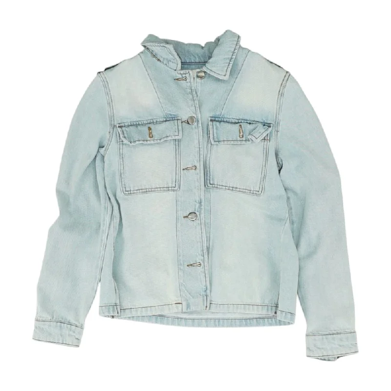 Blue Solid Denim Jacket Snapped Jacket Toggled Jacket Drawstring Jacket