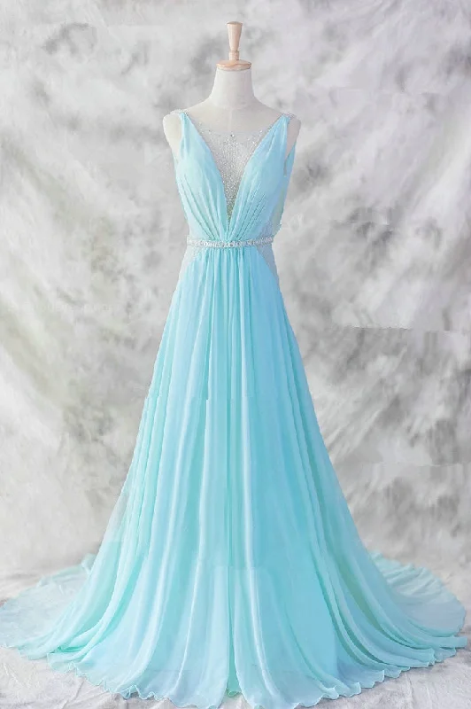 Sexy Light Blue Chiffon Backless Long Evening Gown, Blue Party Dresses Tunics Short Trendy
