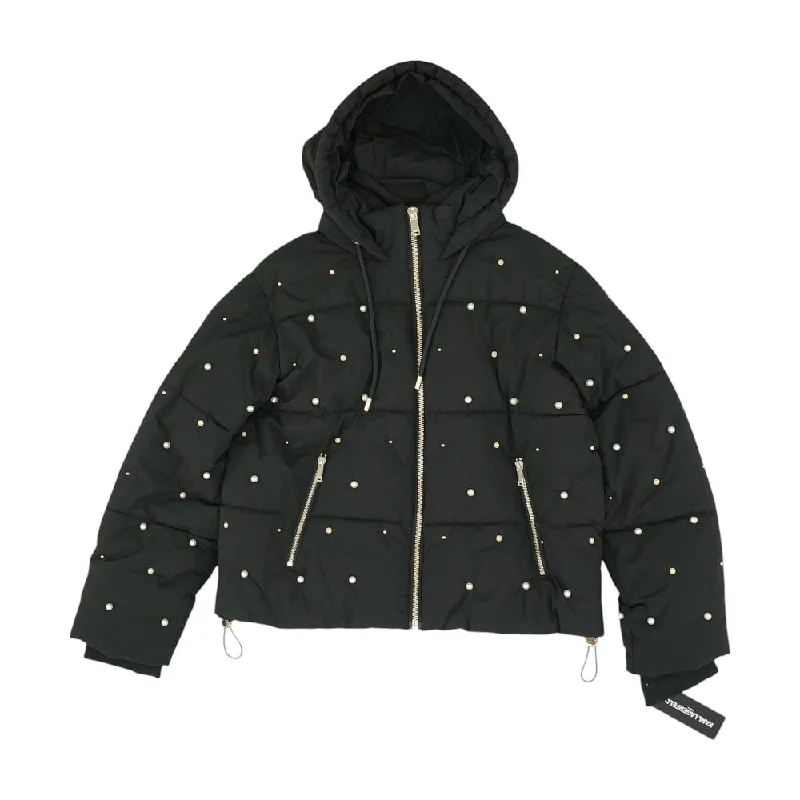 Black Solid Puffer Jacket Trench Coat Raincoat Waterproof Jacket