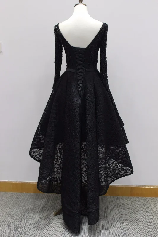 Long Sleeves Lace High Low Party Dresses , Beaded Black Evening Dresses Tunics Plaid country