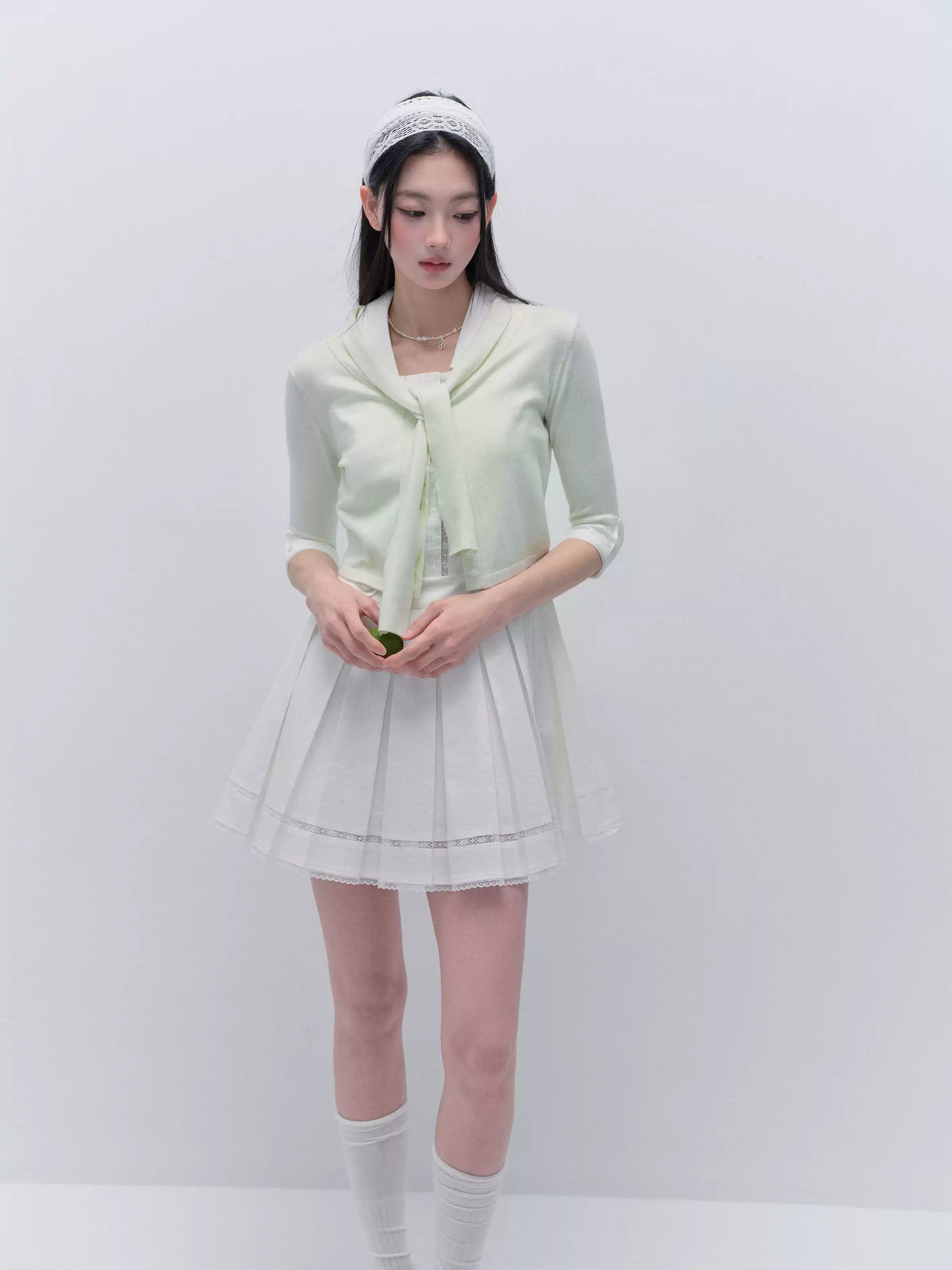 Green Strap Knitted Short Cardigan FRA0287 Silk Blend Satin Velvet