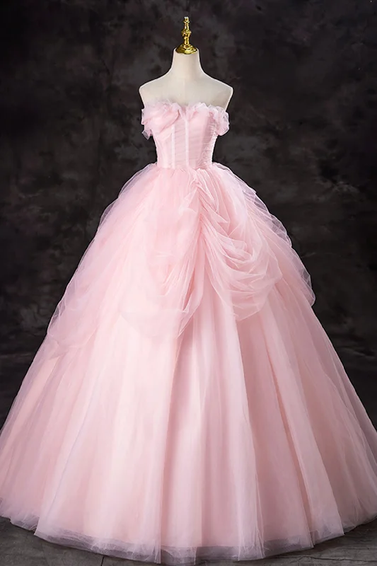 Pink Strapless Tulle Floor Length Prom Dresses, Lovely A-Line Evening Party Dresses Tunics Prom sequined