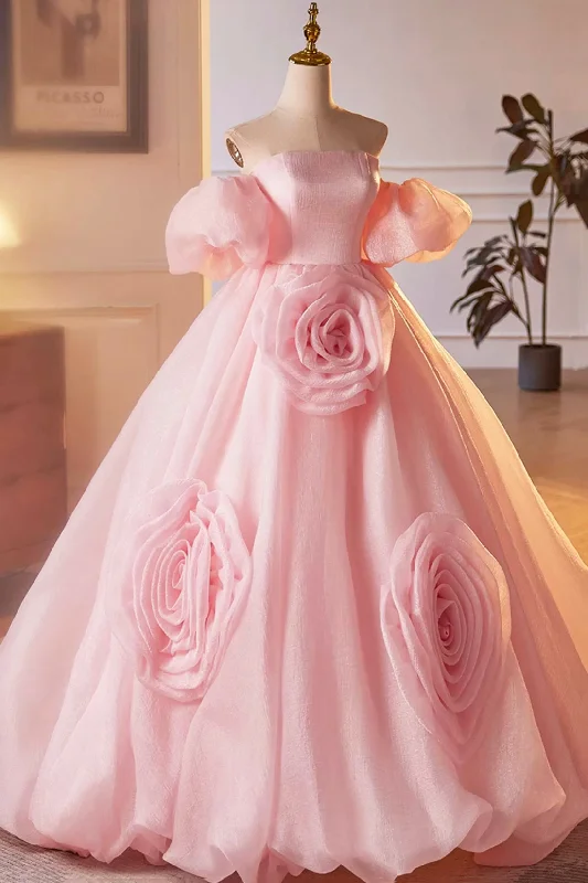 Pink A-Line Sweetheart Ball Gown Formal Dresses with Flowers, Off the Shoulder Evening Party Dresses Tunics Silk luxurious