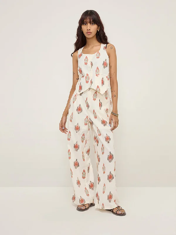 Bombay Paisley Off-White Printed High-Rise Cotton-Blend Pants Elegant Palazzo Trousers