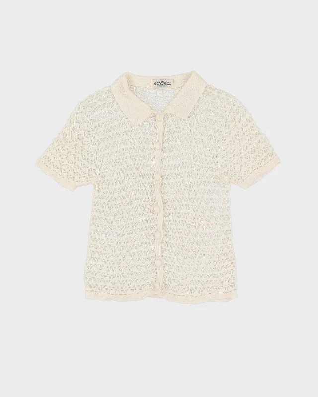 Y2K White Crocheted Short Sleeve Cardigan - XS Button Cardigan Zip Cardigan Pullover Cardigan