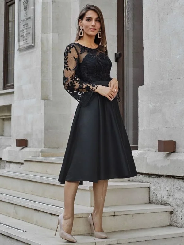 Black Evening Dress A-Line Jewel Neck Long Sleeves Zipper Lace Formal Party Dresses Pageant Dress Tunics Chinos classic