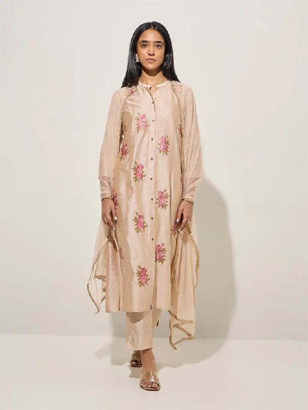 Vark Beige Embroidered A-Line Kurta, Pants and Dupatta Set Cozy Knit Pants
