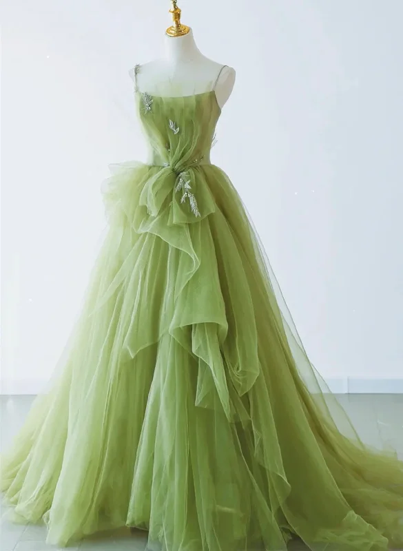 Elegant Green Tulle Straps Long Formal Dresses, Green Tulle Evening Dresses Party Dresses Boat Neckline Classic