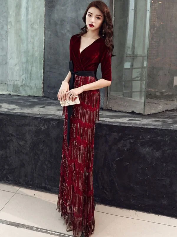 Evening Dress Sheath V Neck Velour Floor Length Sash Social Party Dresses Tunics Sale discount
