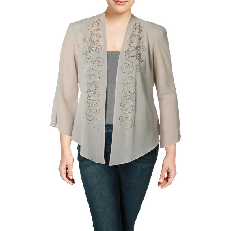 R&M Richards Womens Embellished Cardigan Top Print Jacquard Patchwork