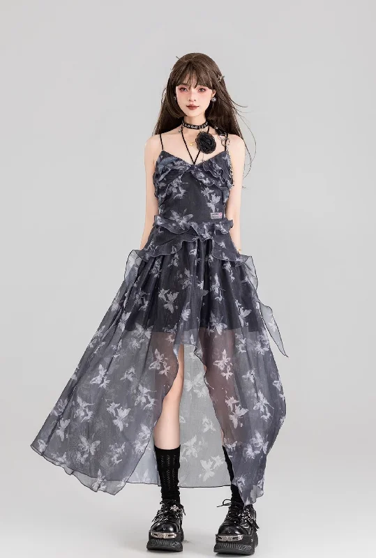 Butterfly Floral Sling Strap Backless Tulle Long Dress/Cardigan KEI0118 Stretchy Elastic Breathable