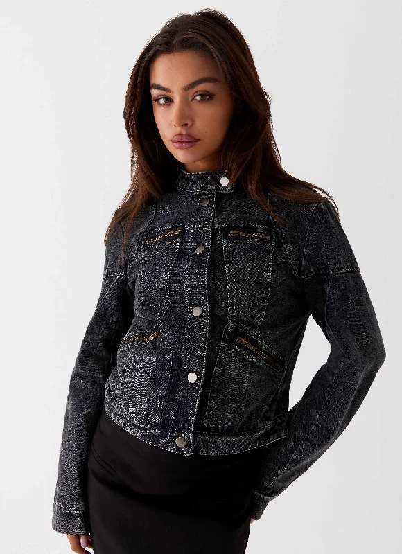 Another Late Night Denim Jacket - Charcoal Striped Jacket Polka Dot Jacket Floral Jacket