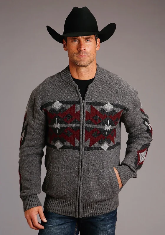 Stetson Mens Grey/Red Cotton/Wool Aztec Pattern Cardigan Mesh Blend Leather Blend Suede Blend
